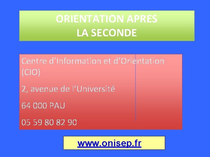 ORIENTATION APRES LA SECONDE Centre d’Information et d’Orientation (CIO) 2, avenue de l’Université 64