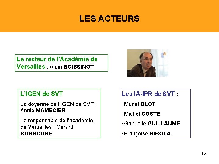 LES ACTEURS Le recteur de l’Académie de Versailles : Alain BOISSINOT L’IGEN de SVT