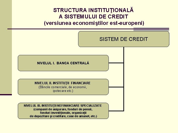 STRUCTURA INSTITUŢIONALĂ A SISTEMULUI DE CREDIT (versiunea economiştilor est-europeni) SISTEM DE CREDIT NIVELUL I.