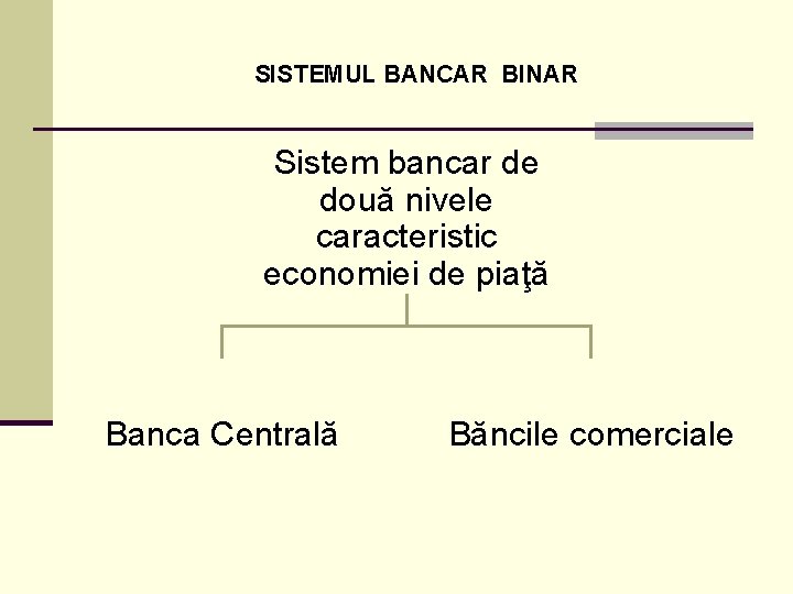 SISTEMUL BANCAR BINAR Sistem bancar de două nivele caracteristic economiei de piaţă Banca Centrală