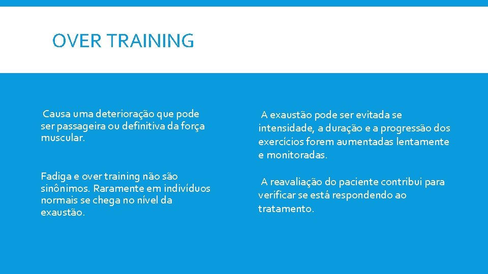 OVER TRAINING Causa uma deterioração que pode ser passageira ou definitiva da força muscular.