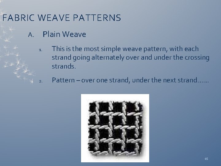 FABRIC WEAVE PATTERNS Plain Weave A. 1. 2. This is the most simple weave