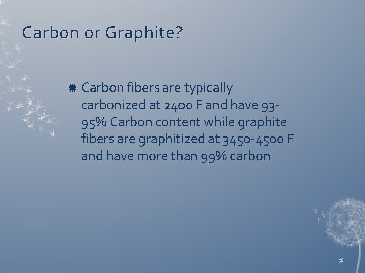 Carbon or Graphite? Carbon fibers are typically carbonized at 2400 F and have 9395%