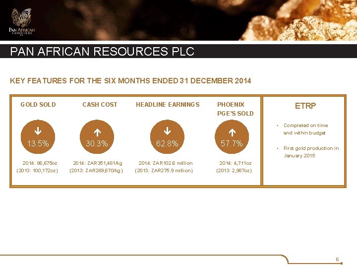 PAN AFRICAN RESOURCES PLC KEY FEATURES FOR THE SIX MONTHS ENDED 31 DECEMBER 2014
