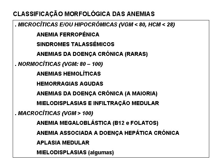 CLASSIFICAÇÃO MORFOLÓGICA DAS ANEMIAS. MICROCÍTICAS E/OU HIPOCRÓMICAS (VGM < 80, HCM < 28) ANEMIA