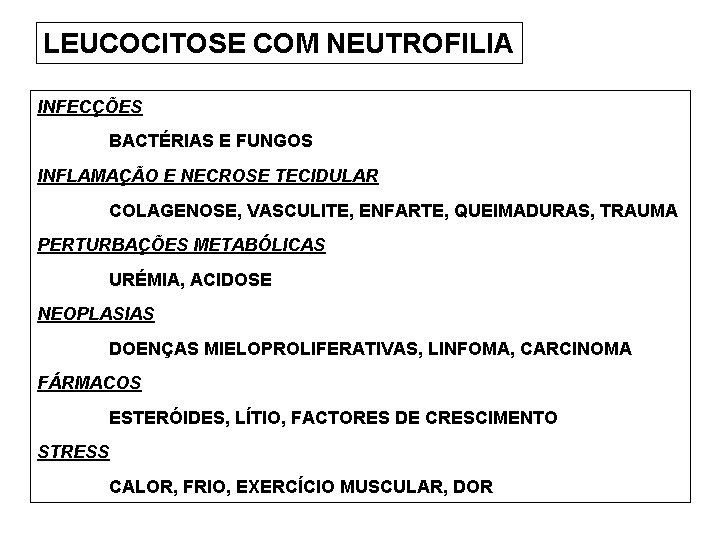 LEUCOCITOSE COM NEUTROFILIA INFECÇÕES BACTÉRIAS E FUNGOS INFLAMAÇÃO E NECROSE TECIDULAR COLAGENOSE, VASCULITE, ENFARTE,