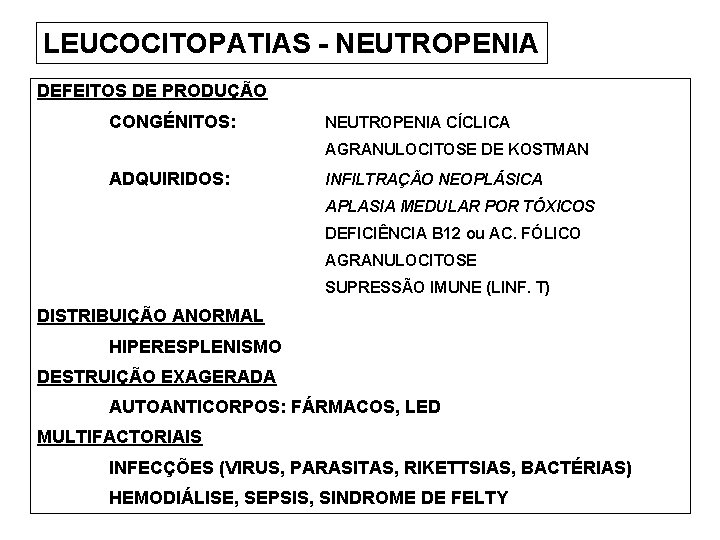 LEUCOCITOPATIAS - NEUTROPENIA DEFEITOS DE PRODUÇÃO CONGÉNITOS: NEUTROPENIA CÍCLICA AGRANULOCITOSE DE KOSTMAN ADQUIRIDOS: INFILTRAÇÃO