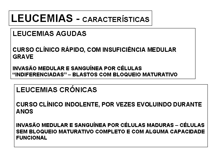 LEUCEMIAS - CARACTERÍSTICAS LEUCEMIAS AGUDAS CURSO CLÍNICO RÁPIDO, COM INSUFICIÊNCIA MEDULAR GRAVE INVASÃO MEDULAR