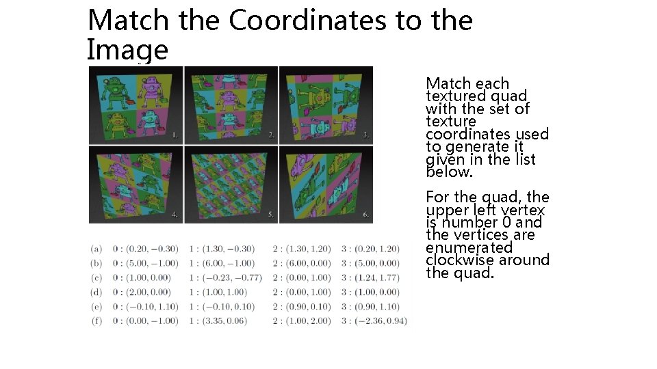 Match the Coordinates to the Image Match each textured quad with the set of