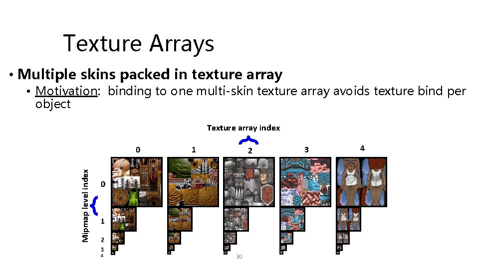 Texture Arrays • Multiple skins packed in texture array • Motivation: binding to one