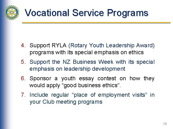 Vocational Service Programs 4. Support RYLA (Rotary Youth Leadership Award) programs with its special