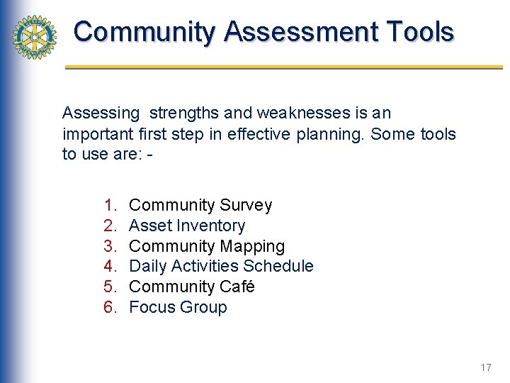 Community Assessment Tools Assessing strengths and weaknesses is an important first step in effective