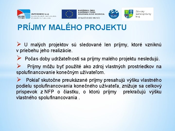 PRÍJMY MALÉHO PROJEKTU Ø U malých projektov sú sledované len príjmy, ktoré vzniknú v