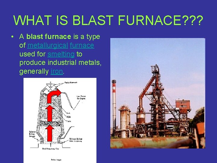 WHAT IS BLAST FURNACE? ? ? • A blast furnace is a type of
