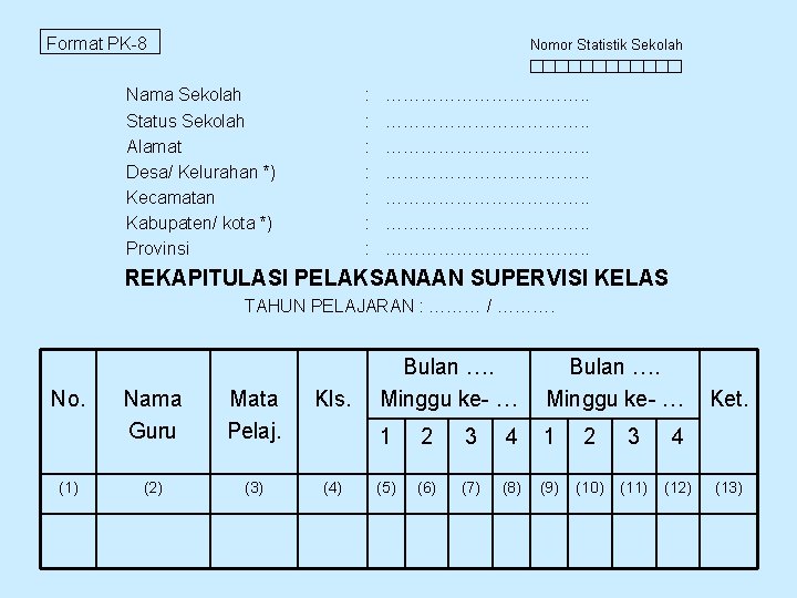 Format PK-8 Nomor Statistik Sekolah Nama Sekolah Status Sekolah Alamat Desa/ Kelurahan *) Kecamatan
