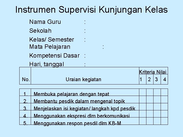 Instrumen Supervisi Kunjungan Kelas Nama Guru Sekolah Kelas/ Semester Mata Pelajaran Kompetensi Dasar Hari,