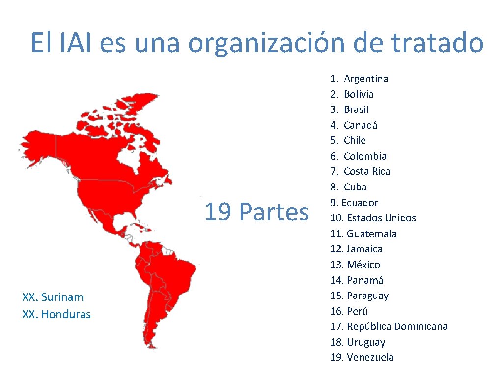 El IAI es una organización de tratado 19 Partes XX. Surinam XX. Honduras 1.