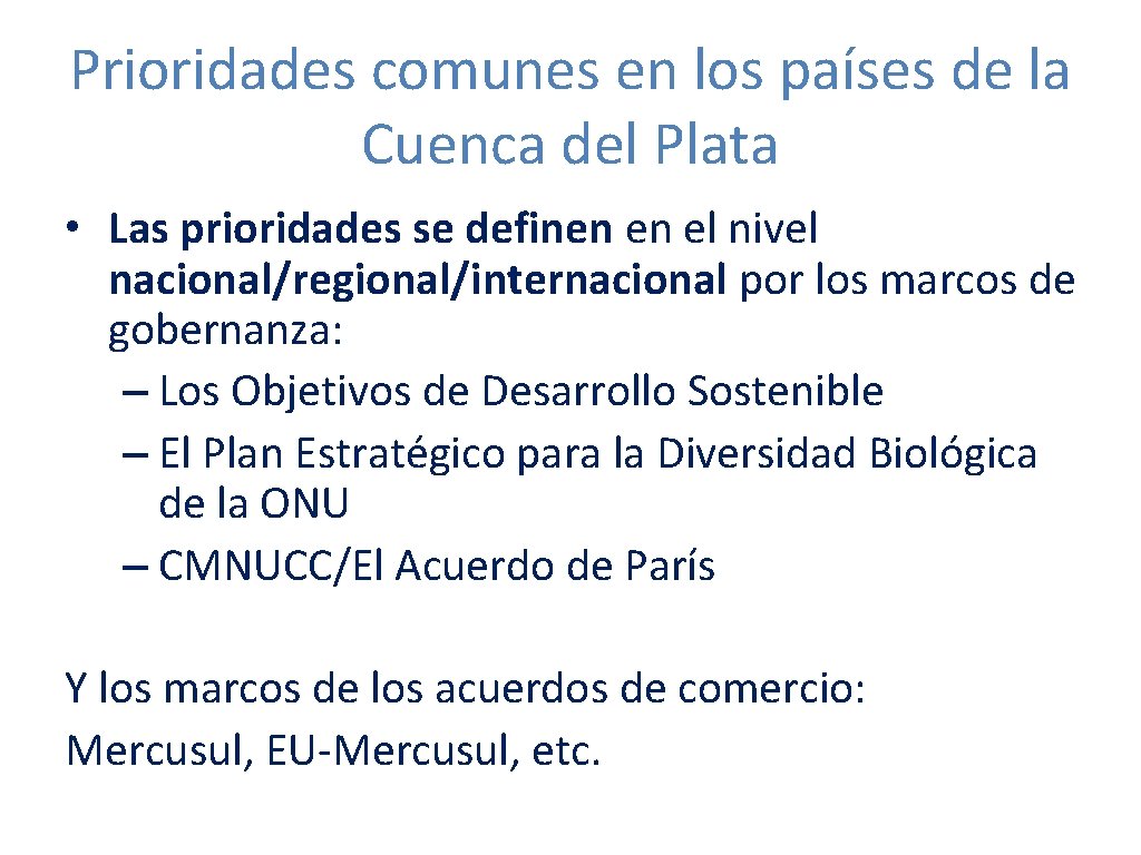 Prioridades comunes en los países de la Cuenca del Plata • Las prioridades se