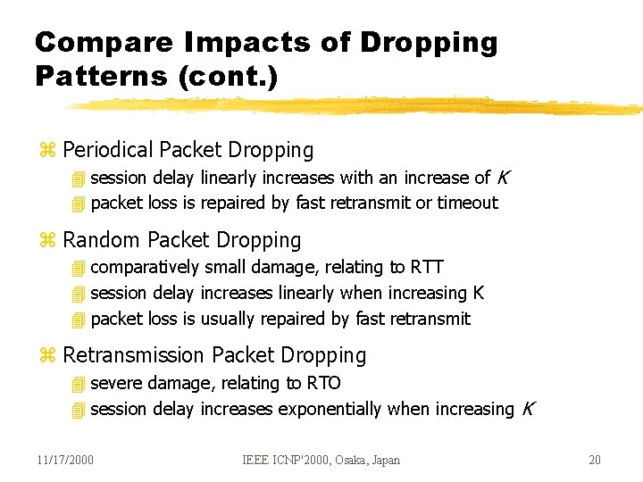 Compare Impacts of Dropping Patterns (cont. ) z Periodical Packet Dropping 4 session delay Compare Impacts of Dropping Patterns (cont. ) z Periodical Packet Dropping 4 session delay