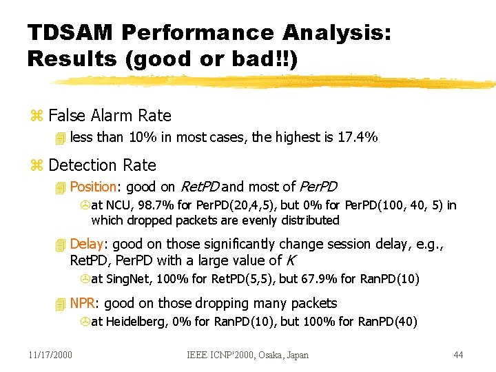 TDSAM Performance Analysis: Results (good or bad!!) z False Alarm Rate 4 less than TDSAM Performance Analysis: Results (good or bad!!) z False Alarm Rate 4 less than