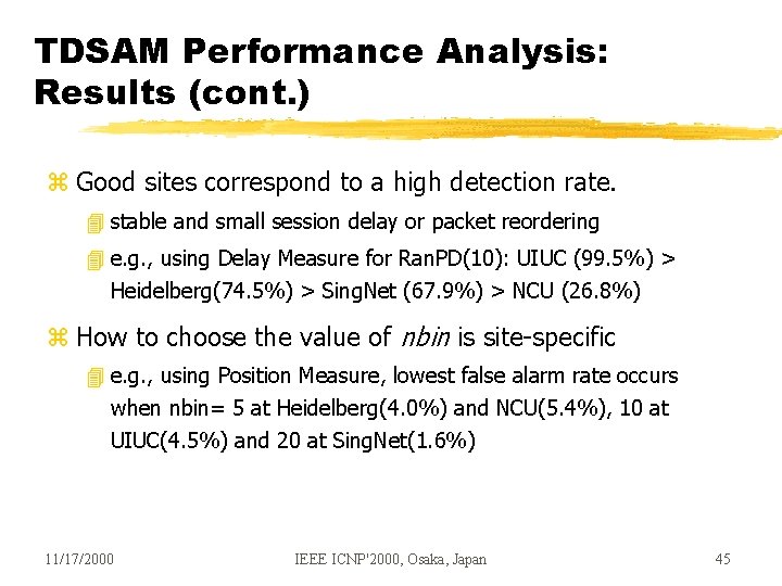 TDSAM Performance Analysis: Results (cont. ) z Good sites correspond to a high detection TDSAM Performance Analysis: Results (cont. ) z Good sites correspond to a high detection