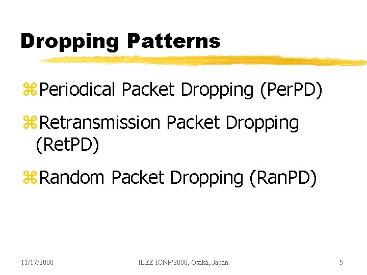 Dropping Patterns z. Periodical Packet Dropping (Per. PD) z. Retransmission Packet Dropping (Ret. PD) Dropping Patterns z. Periodical Packet Dropping (Per. PD) z. Retransmission Packet Dropping (Ret. PD)