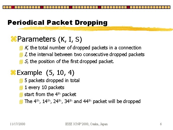 Periodical Packet Dropping z. Parameters (K, I, S) 4 K, the total number of Periodical Packet Dropping z. Parameters (K, I, S) 4 K, the total number of