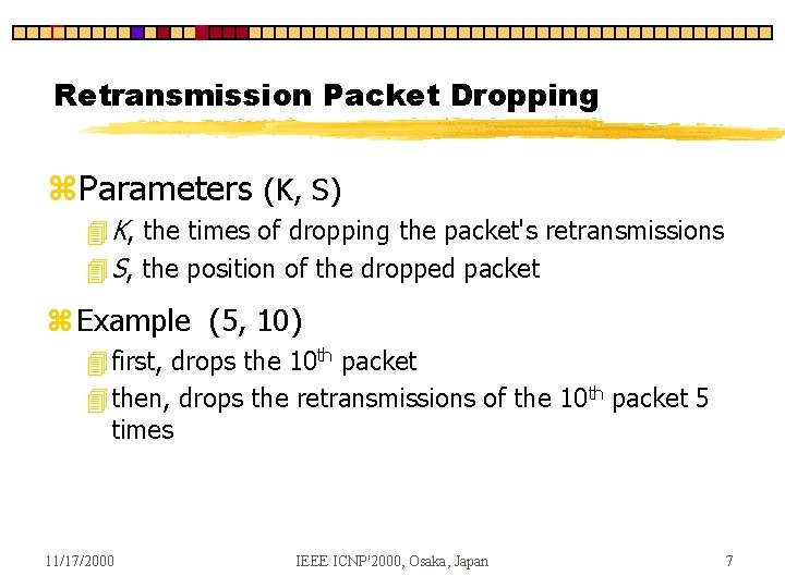 Retransmission Packet Dropping z. Parameters (K, S) 4 K, the times of dropping the Retransmission Packet Dropping z. Parameters (K, S) 4 K, the times of dropping the