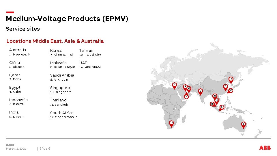 Medium-Voltage Products (EPMV) Service sites Locations Middle East, Asia & Australia 1. Moorebank China