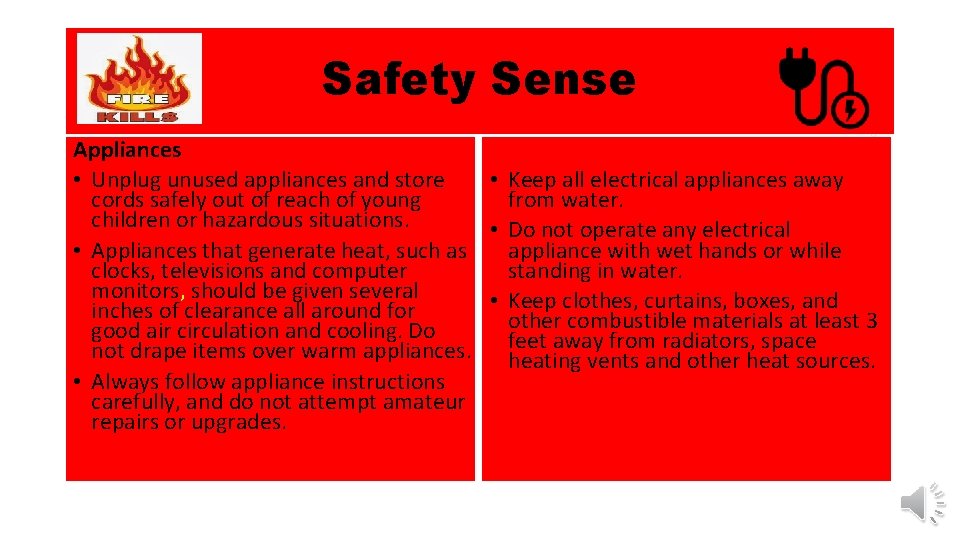 Safety Sense Appliances • Unplug unused appliances and store • Keep all electrical appliances