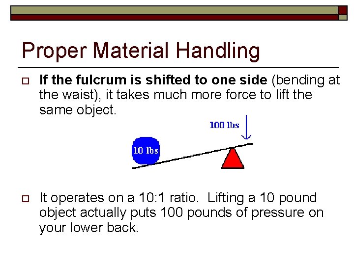Proper Material Handling o If the fulcrum is shifted to one side (bending at