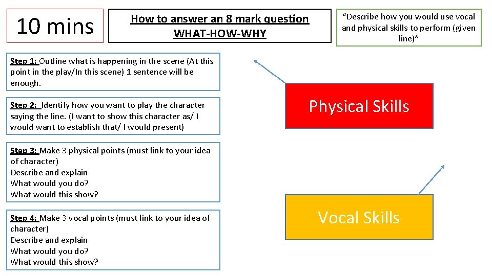 10 mins How to answer an 8 mark question WHAT-HOW-WHY “Describe how you would