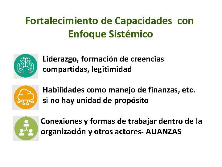 Fortalecimiento de Capacidades con Enfoque Sistémico Liderazgo, formación de creencias compartidas, legitimidad Habilidades como