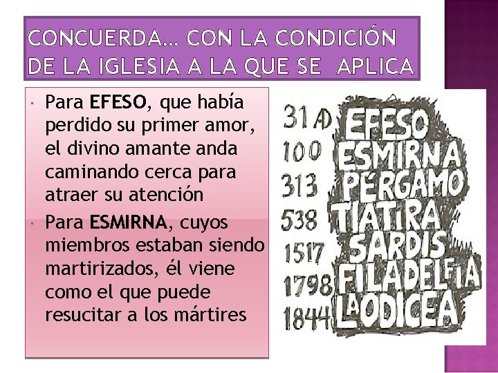 CONCUERDA… CON LA CONDICIÓN DE LA IGLESIA A LA QUE SE APLICA Para EFESO,