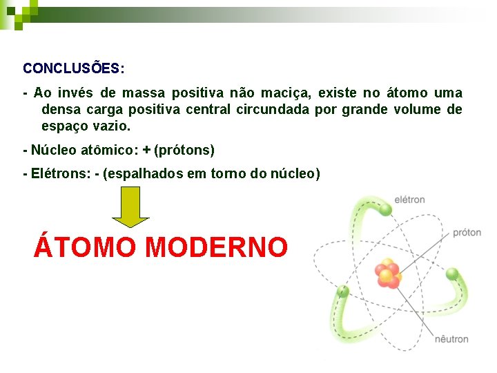 CONCLUSÕES: - Ao invés de massa positiva não maciça, existe no átomo uma densa
