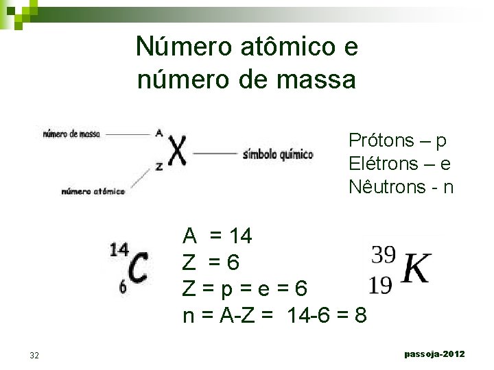 Número atômico e número de massa Prótons – p Elétrons – e Nêutrons -