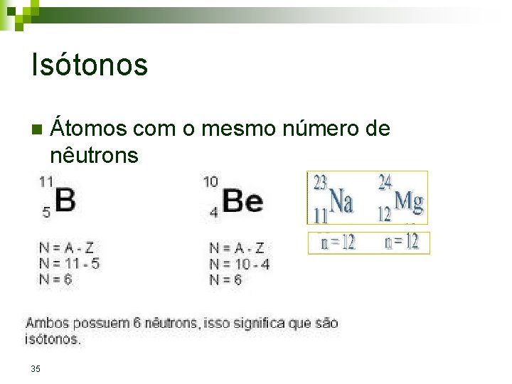 Isótonos n 35 Átomos com o mesmo número de nêutrons 