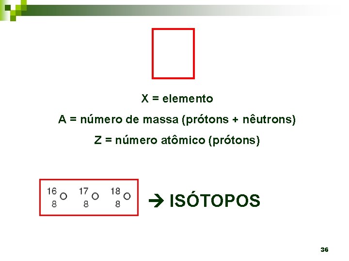 X = elemento A = número de massa (prótons + nêutrons) Z = número