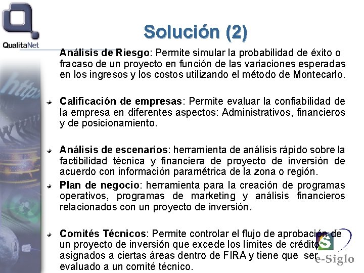 Solución (2) Análisis de Riesgo: Permite simular la probabilidad de éxito o fracaso de
