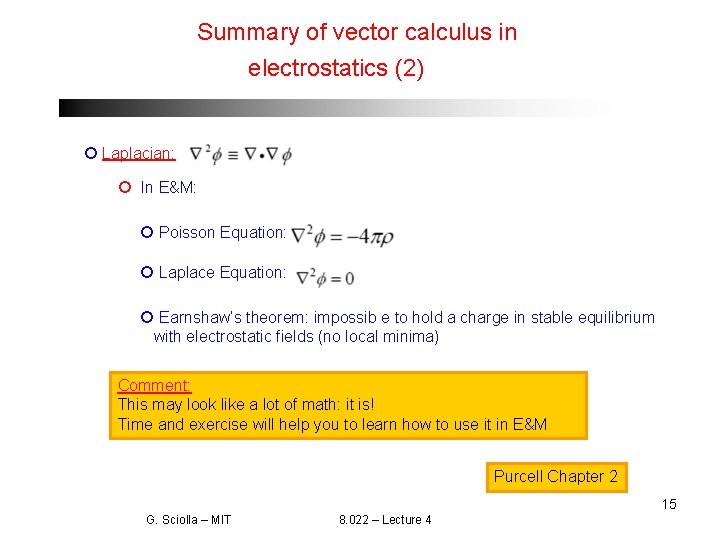 Summary of vector calculus in electrostatics (2) Laplacian: In E&M: Poisson Equation: Laplace Equation:
