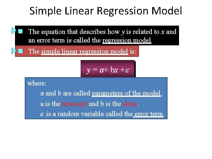 Simple Linear Regression Model n The equation that describes how y is related to