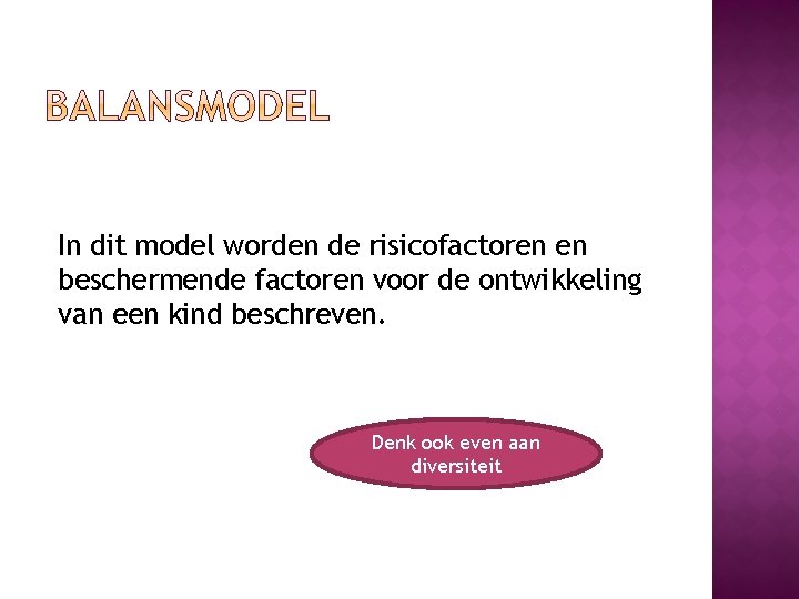 In dit model worden de risicofactoren en beschermende factoren voor de ontwikkeling van een