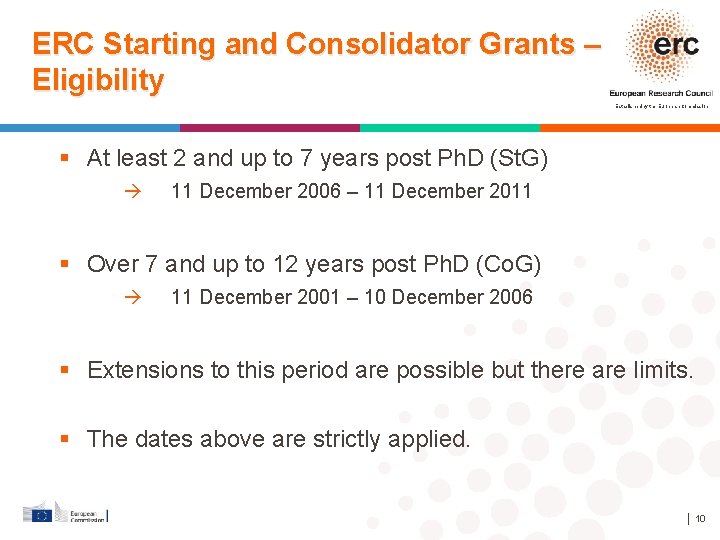 ERC Starting and Consolidator Grants – Eligibility Established by the European Commission At least