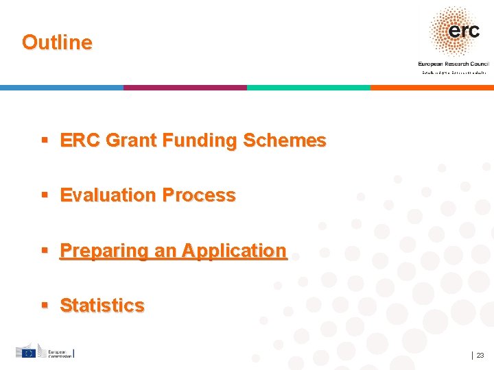 Outline Established by the European Commission ERC Grant Funding Schemes Evaluation Process Preparing an