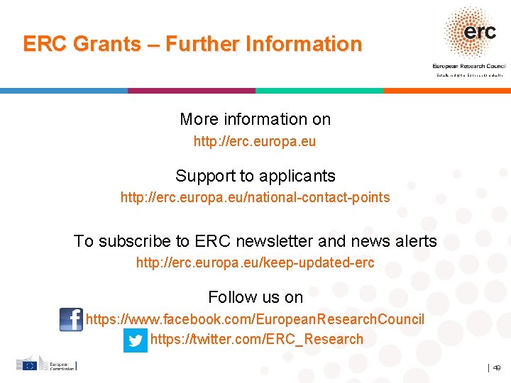 ERC Grants – Further Information Established by the European Commission More information on http: