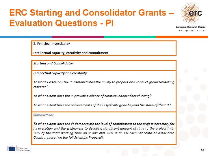 ERC Starting and Consolidator Grants – Evaluation Questions - PI Established by the European