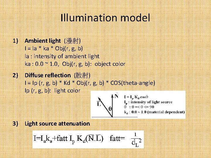 Illumination model 1) Ambient light (漫射) I = la * ka * Obj(r, g,