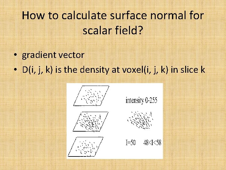 How to calculate surface normal for scalar field? • gradient vector • D(i, j,