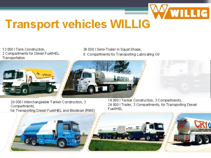 Transport vehicles WILLIG 13 000 l Tank Construction, 2 Compartments for Diesel Fuel/HEL Transportation