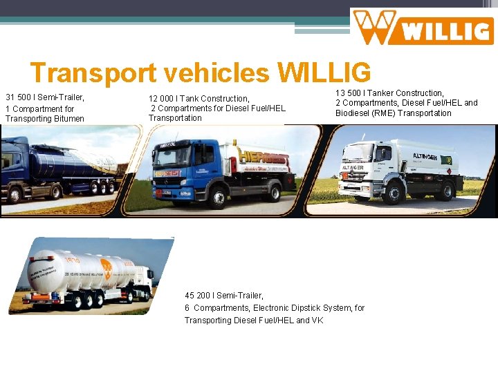 Transport vehicles WILLIG 31 500 l Semi-Trailer, 1 Compartment for Transporting Bitumen 12 000